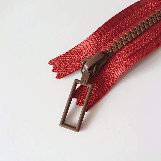 YKK Zipper with Rectangular Pull - Brown + Orange (25cm)