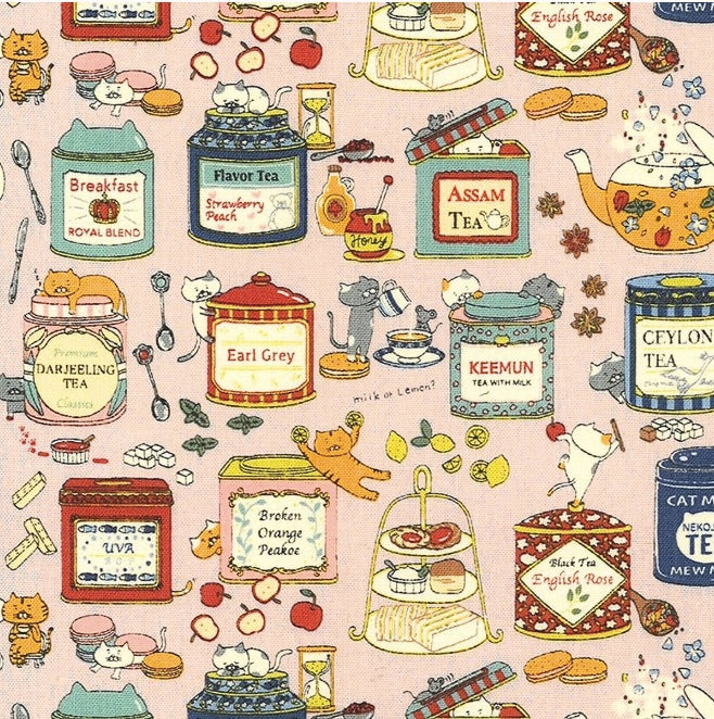 Cat fabric - afternoon tea and cat (pink)