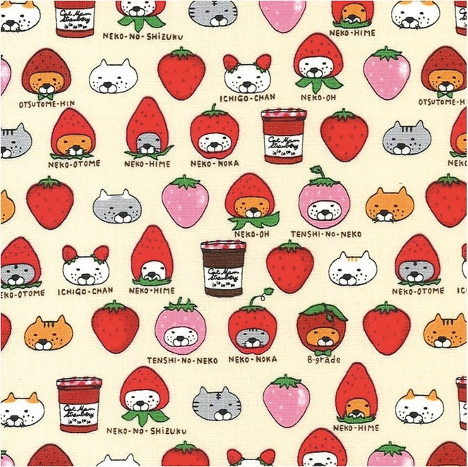 Cat fabric - Strawberry and Jam Cat (cream)