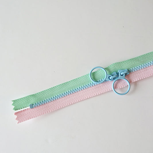 YKK Triple Zipper- Light Pink and Mint with Light Blue Zip (50cm)