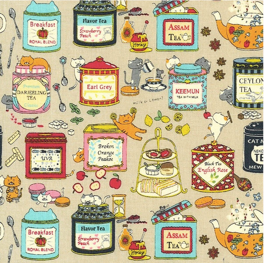 Cat fabric - afternoon tea and cat (natural)