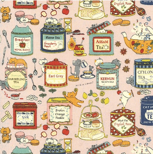 Cat fabric - afternoon tea and cat (pink)