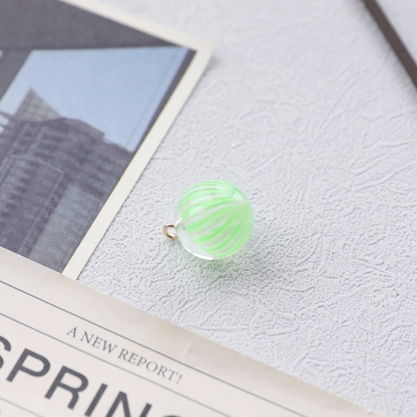 Zipper Charm -  candy ball (round-green/white strip)