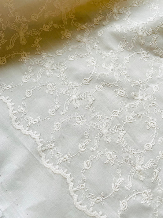 Embroidered Cotton Fabric --  Pretty Bow (Extra Wide)