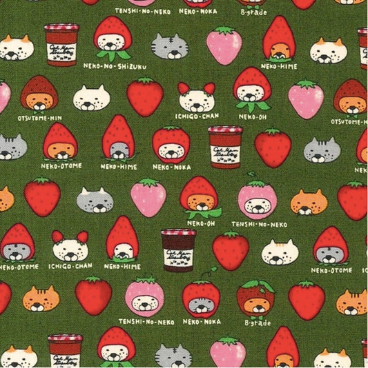 Cat fabric - Strawberry and Jam Cat (green)