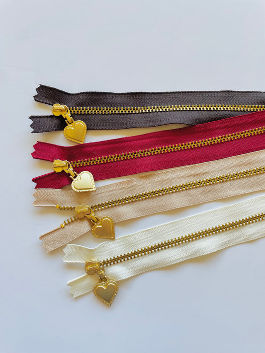 YKK Metalic Zippers with heart pull bundle (8"-20CM)
