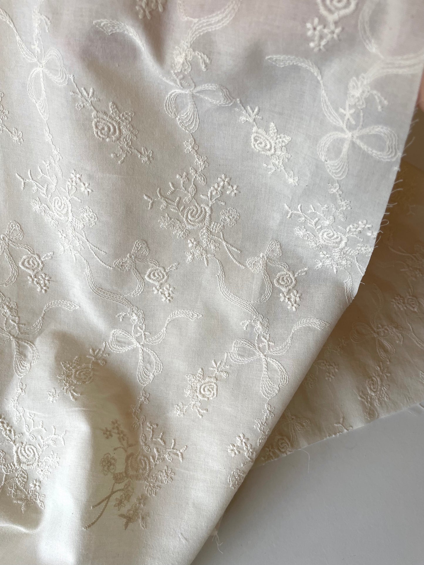 Embroidered Cotton Fabric --  Rose and Bow (Extra wide)