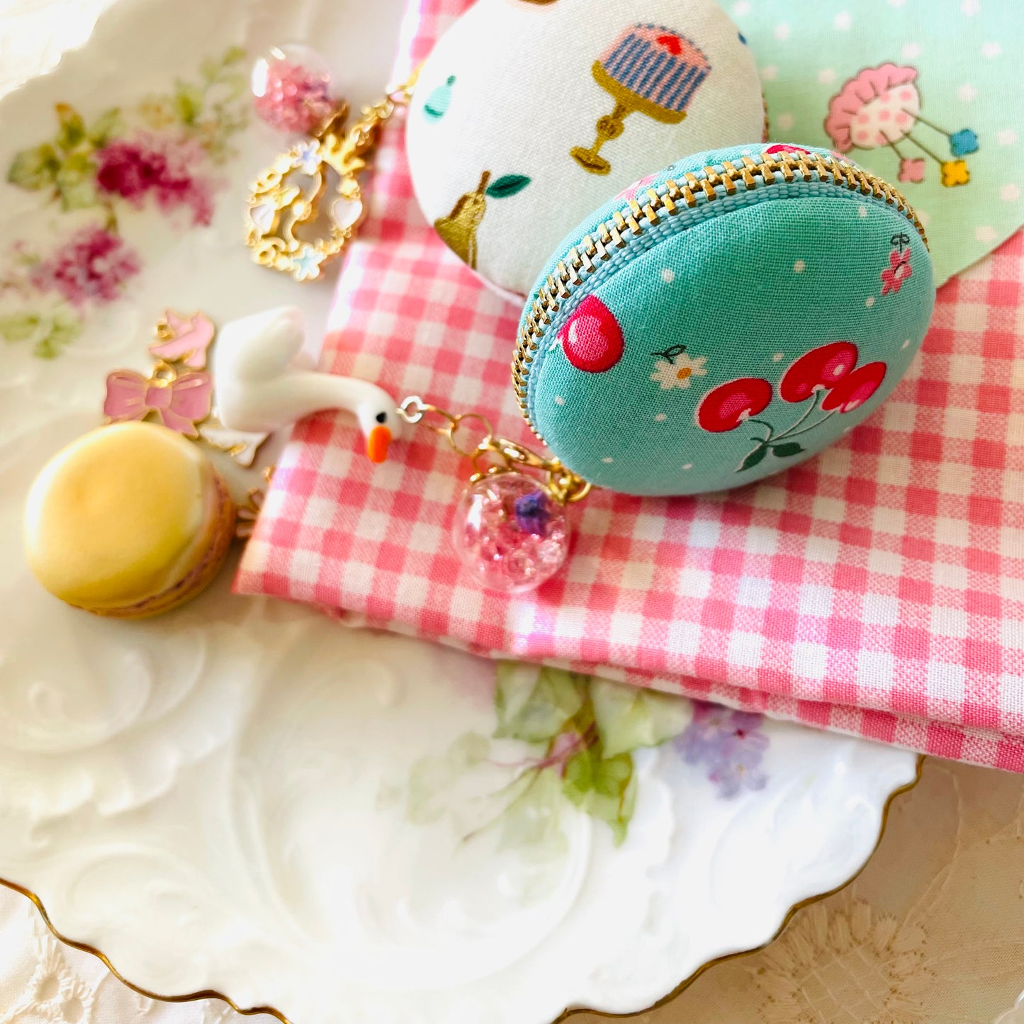 Sewing Kit - Turquoise Cherry Mini Macaron Purse